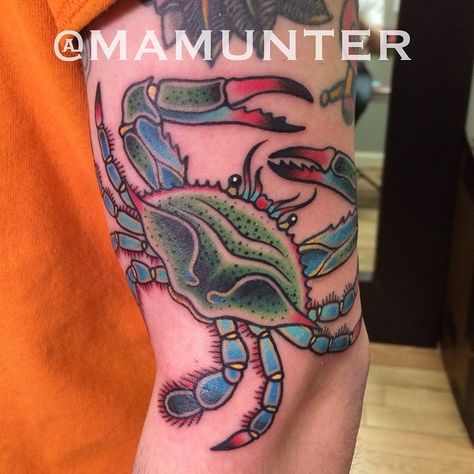 Blue crab tattoo Samurai Crab, Blue Crab Tattoo, Painting Jobs, Crab Tattoo, Wolf Art Print, Traditional Sleeve, Jellyfish Tattoo, Traditional Tattoo Art, Blue Crab