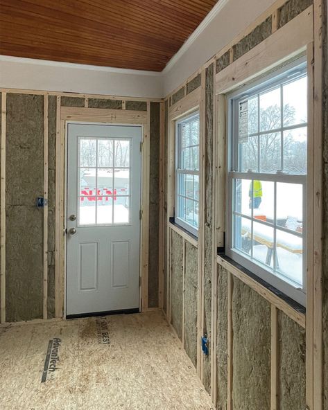 Series of photos showing progress from exposed porch to mudroom Closing In Porch For Mudroom, Mud Room Windows, Backdoor Entrance Ideas, Mudroom Entryway Addition, Mudroom Addition Plans, Enclosing A Front Porch, Closed In Front Porch Ideas Entryway, Front Porch To Mudroom Conversion, Add On Mudroom Exterior