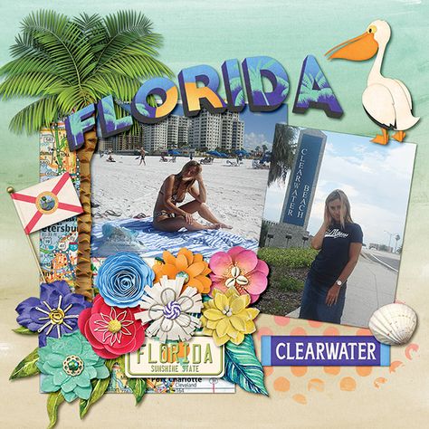 Beach Scrapbook Layouts, Scrapbooking Layouts Travel, Cruise Scrapbook, Vacation Scrapbook, Map Of Florida, Scrapbook Collection, Scrapbook Digital, Summer Scrapbook, Digital Scrapbooking Layouts