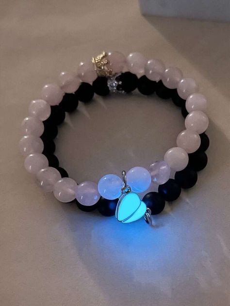 2pcs Couple Glow In The Dark Heart Charm Beaded Bracelet | SHEIN USA Charm Beaded Bracelet, Bracelet Sets, Glow In Dark, Dark Heart, Women Bracelet, Bead Charm Bracelet, Heart Charm Bracelet, Heart Charm, Bracelet Set