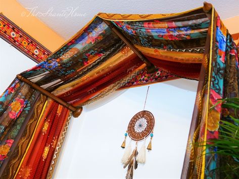 Ceiling Draping Bedroom Boho, Boho Bed Canopy Bohemian Style, Hippie Bed Canopy, Bed Meditation, Corner Bed Canopy Boho, Bohemian Wedding Backdrop, Sari Bed Canopy, Princess Canopy Bed, Indie Hippie Room Curtains & Drapes