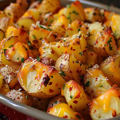 Cheesy Ranch Oven Roasted Potatoes Cheesy Ranch Roasted Potatoes, Cheesy Ranch Potatoes In The Oven, Potato Recipes For Steak Dinner, Side Dish Pork Chops, Trash Potatoes Recipe, Colorful Potatoes Recipes, Cheesy Baked Potato Rounds, Easy Side Dishes For Dinner Healthy, Ranch Oven Roasted Potatoes