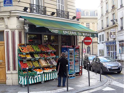 Fruit Stand, Le Marais, Paris Paris Farmers Market Aesthetic, Paris Street Market, Paris Grocery Store, Fruits Market, Charming Storefronts, Paris Food Market, Standing Bar, Fruit Farm, Marais Paris