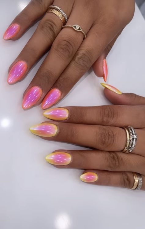 Punta Cana Nails, Summer Aura Nails, Nail Inspo Bright, Classic Summer Nails, Crazy Summer Nails, Trendy Chrome Nails, Chrome Summer Nails, Summer Chrome Nails, Chrome Manicure