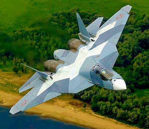 Nice picture of the Russian Sukhoi Su-57 fighter. Russian Jet, Jet Fighter Pilot, Stealth Aircraft, Russian Air Force, Airplane Fighter, Military Airplane, Air Fighter, Military Jets, Military Aviation