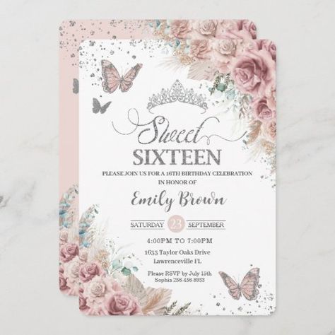 Sweet 16 Invitation Ideas, Pampas Grass Invitation, Butterfly Sweet 16, Sweet Sixteen Party Themes, Pink Sweet 16, 16th Birthday Decorations, Quince Decorations, Silver Invitation, 16th Birthday Invitations