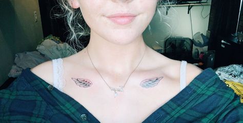 wing tattoos on collar bones Angel Wings Tattoo On Collar Bone, Wings On Collar Bone Tattoo, Collarbone Wing Tattoo, Angel Wing Collar Bone Tattoo, Wing Collar Bone Tattoo, Angel Wings Collar Bone Tattoo, Tatto Sleeve, Collar Bone Tattoo For Men, Wing Tattoos