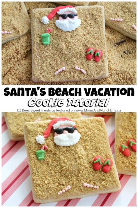 Santa Beach Cookies Tutorial - a fun Christmas cookie decorating idea that's far from traditional! Both kids and adults will love this fun design. Christmas Cookie Decorating, Beach Cookies, Decorated Cookies Tutorial, Cookie Tutorials, Summer Christmas, Best Christmas Cookies, Cookies Christmas, Cookie Party, Xmas Cookies