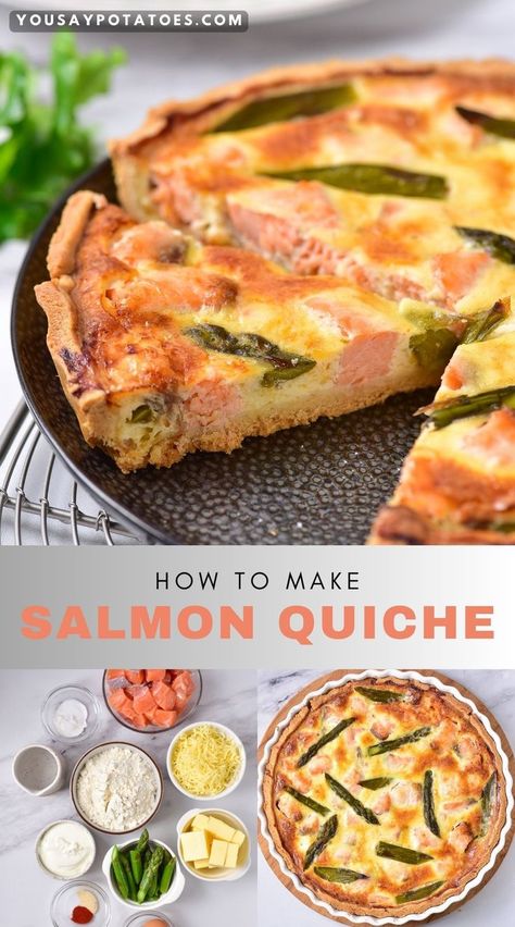 Quiche with a slice out, ingredients on a table, and the full baked salmon quiche. Fish Quiche Recipes, Seafood Quiche, Asparagus Quiche Recipes, Tart Recipes Savory, Salmon Frittata, Salmon Quiche, Salmon Asparagus, Asparagus Quiche, Quiche Recipes Easy