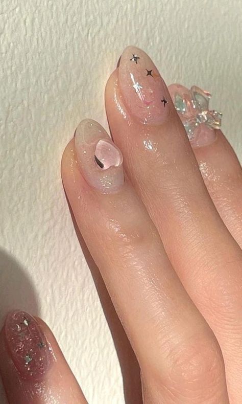 #nails Short Round Korean Nails, Short Almond Nails Coquette, Douyin Natural Nails, Cute Short Korean Nails, Gel Korean Nails, Trendy Korean Nails, Sanrio Charm Nails, Ethereal Nails Aesthetic, Short Korean Nail Designs