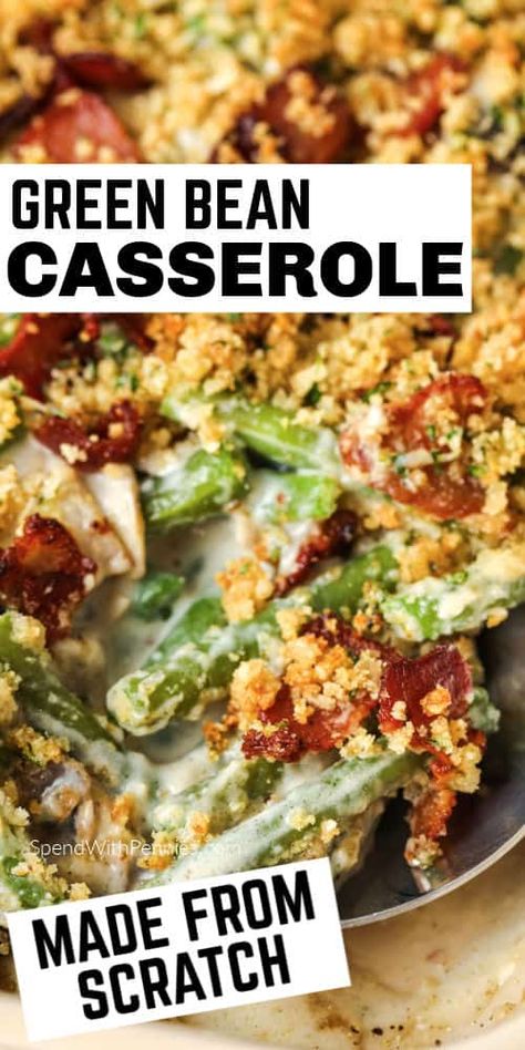 This is the ultimate homemade green bean casserole with mushrooms and a bacon Parmesan topping. This tasty homemade casserole is the best side dish ever! #spendwithpennies #homemadegreenbeancasserole #greenbeancasserolefromscratch #greenbeancasserole #sidedish #recipe #fresh #creamy #withbacon #fromscratch Bacon Green Bean Casserole, Creamy Green Bean Casserole, Green Bean Casserole From Scratch, Green Bean Casserole Bacon, Creamy Green Beans, Homemade Green Bean Casserole, Yummy Veggies, Sides Dishes, Frozen Green Beans