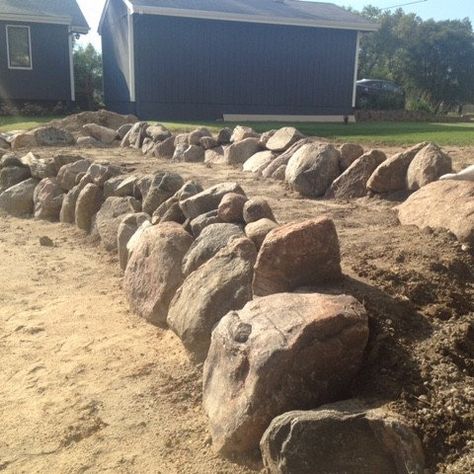 Boulder Retaining Wall - Photos & Ideas | Houzz Multi Level Retaining Wall, Multiple Level Retaining Wall, Large Boulder Retaining Wall, Boulder Retaining Wall Driveway, Boulder Outcropping Landscape, Boulder Retaining Wall, Rock Retaining Wall, Rock Wall, Pole Barn