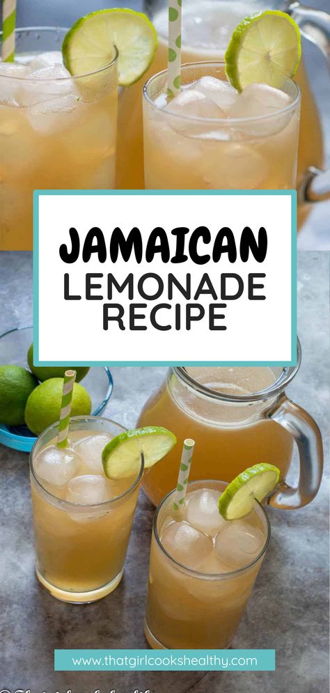 Jamaican-style Lemonade in lime garnished glasses. Jamaican Lemonade, Jamaican Drinks, Lime Drinks, Iced Drinks Recipes, Orange Julius, Jamaican Food, Lime Recipes, Drink Recipes Nonalcoholic, Lemonade Drinks