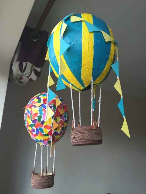 My paper mache hot air balloons Paper Mache Hot Air Balloon, Paper Mache Balloon, 2nd Grade Crafts, Hot Air Balloon Paper, Hot Air Balloon Craft, Balloon Basket, Preschool Fine Motor Activities, Thanksgiving Crafts Preschool, Monster Crafts