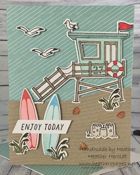 Temu Crafts, Beach Day Stampin Up Cards, Stampin Up Seas The Day, Stampin Up Beach Day Cards, Su Beach Day Cards, Stampin Up Beach Day, Stampinup Seaside Bay, Beach Scene Cards Stamps, Stampin Up Beach Day Bundle