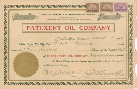 Money Counter, Revenue Stamp, Stock Certificates, Oil Company, One Dollar, California State, San Diego, Finance, Stamp