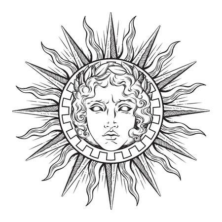 Decorative Symbols, Apollo Tattoo, Sun With Face, Sun Symbols, Tattoo Sonne, Face Of God, Tato Flash, Greek God Tattoo, Roman Tattoo