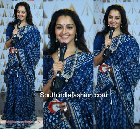 Blouse Neck Models, Manju Warrier, Indigo Saree, Indian Kurti Designs, Cotton Saree Blouse Designs, Fashion Show Dresses, Indian Sari Dress, Cotton Saree Designs, Fashionable Saree Blouse Designs