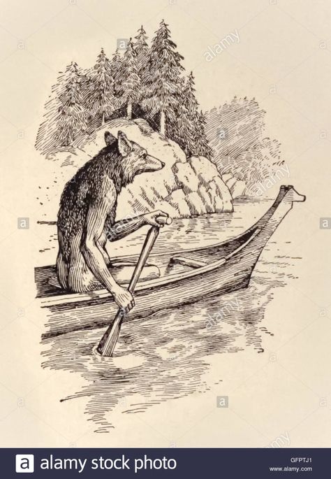 “Coyote went up the river.” From ‘Adventures of the Coyote’ an anthropomorphic character common to the folklore of many indigenous North American peoples. Illustration of a Salish Indian traditional story by Frederick N. Wilson (1876-1961). Stock Photo Coyote Folklore, Coyote Art, American Folklore, Traditional Stories, Indian Traditional, Small Town, Fantasy Creatures, The River, North American