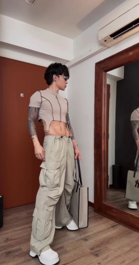 Men’s Mesh Top Outfit, Mens Edm Outfits, Men Crop Top Outfit Aesthetic, Men’s Crop Top Outfit, Tiktok Outfits Men, Hot Outfits Men, Crop Top Men Aesthetic, Fem Guy Outfits, Tight Clothes Outfits Men