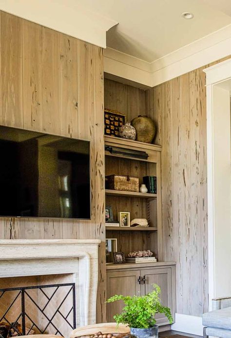 Pecky Cypress Kitchen, Wood Paneled Fireplace, Pecky Cypress Walls, Cypress Paneling, Pecky Cypress Paneling, Cypress House, Florida Living Room, Lakeside House, Mill Work