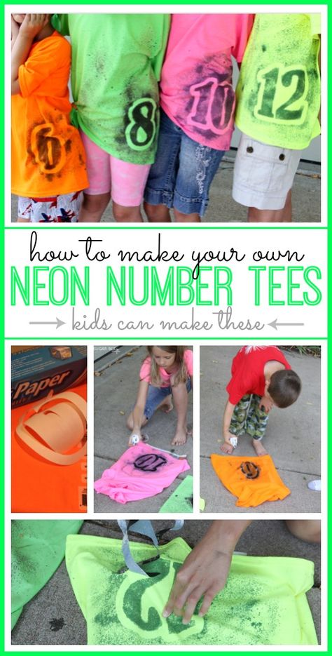 Neon Number Tee - Sugar Bee Crafts. What a good idea for family reunions, have the grandkids paint numbers in  their age order and then take pics. Neon Number, Cheap Ideas, Family Reunion Shirts, Reunion Shirts, Mason Jar Crafts Diy, Games And Activities, Family Reunions, Bee Crafts, Easy Craft Projects