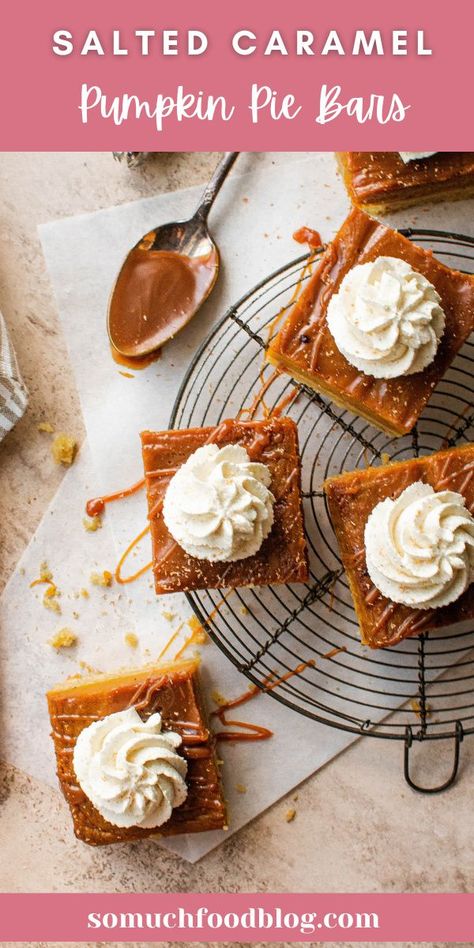 If you need an alternative to the classic pumpkin pie recipe, these salted caramel pumpkin pie bars are delicious, easy, and so perfect for Thanksgiving! Caramel Pumpkin Pie, Pumpkin Cooking, Fall Lunch, Classic Pumpkin Pie Recipe, Baking Pumpkin, Pumpkin Pie Bars Recipe, Pie Bars Recipe, Dinner Fall, Breakfast Baking