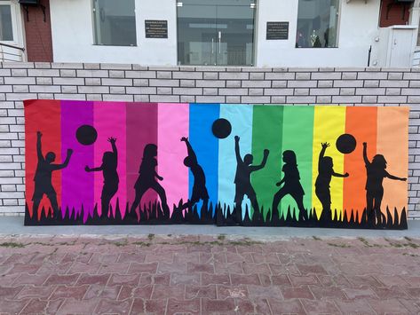 Sports Day Board Decoration, Annual Day Decoration For School, Gym Murals, Concert Decor, Sports Backdrop, Sports Day Decoration, Sports Day Poster, Soft Board Decoration, Olympic Theme Party