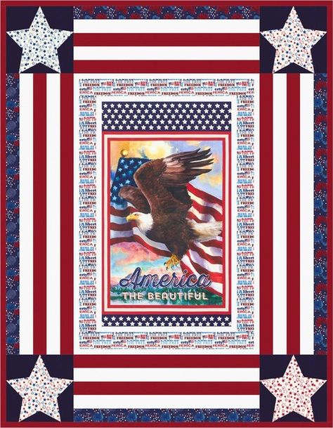 Star Spangled designed by Robert Kaufman Fabrics. Features Patriots, shipping to stores January 2017. FREE pattern available in January 2017 (robertkaufman.com) #FREEatrobertkaufmandotcom Eagle Quilt, American Flag Quilt, Patriotic Projects, Panel Quilt Patterns, Fabric Panel Quilts, Flag Quilt, Diy Fabric Crafts, American Quilt, Patriotic Quilts