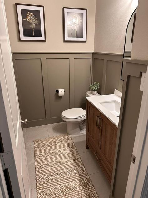 Powder Room Ideas Board And Batten, Bathroom Ideas Board And Batten, Board And Batten Bathroom Ideas, Board And Batten Powder Room, Worldly Gray Sherwin Williams, Batten Bathroom, Half Bath Makeover, Taupe Bathroom, Worldly Gray