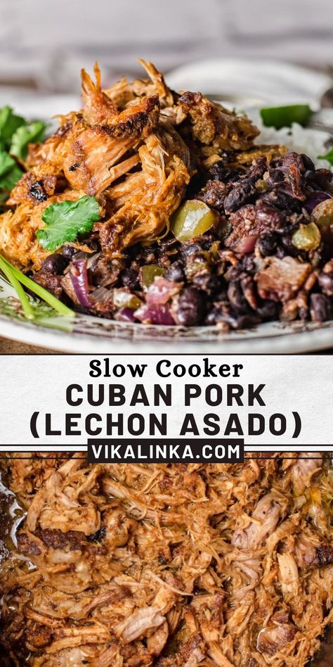 Throw everything in the pot, then come home to the most delicious slow cooker Cuban Pork aka Lechon Asado. The recipe for the best marinade and beans included. Low effort, maximum satisfaction. Cuban Pork Mojo, Cuban Roast Pork (lechon Asado), Slow Cooker Pollo Asado, Slow Cooker Pulled Pork Cuban Sandwiches, Cuban Sauce For Pork, Cuban Pork Marinade, Cuban Pulled Pork Instant Pot, Cuban Pot Roast, Latin Pork Recipes