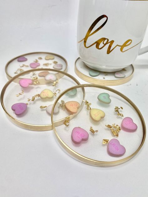 Valentine Resin, Diy Resin Coasters, Valentines Coasters, Abstract Resin Art, Gold Flake, Tutorial Ideas, Resin Coaster, Conversation Hearts, Tea Coaster