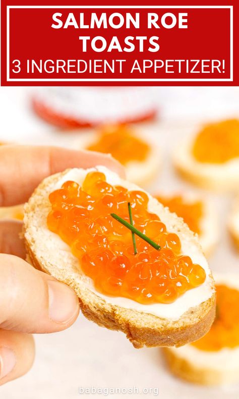 Salmon Snacks Appetizers, Red Caviar Appetizers, Easy Seafood Appetizers, Salmon Caviar Recipes, Salmon Roe Recipes, Caviar On Toast, Salmon Roe Appetizer, Salmon Caviar Appetizers, Smoked Salmon Crostini Appetizers