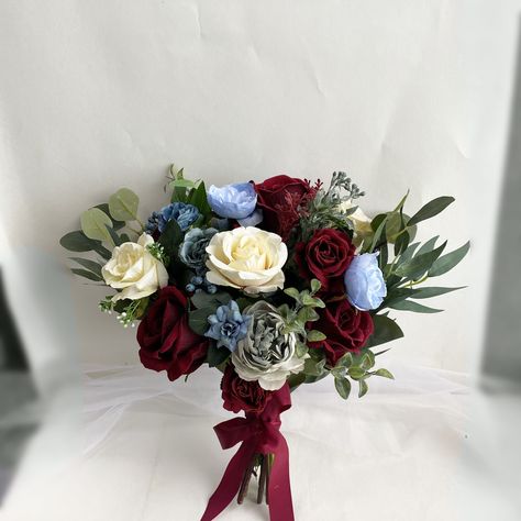 Red Blue Green Bouquet, Blue Green Burgundy Wedding, Blue And Red Flower Bouquet, Dusty Blue And Burgundy Wedding, Green And Burgundy Wedding, Boho Bouquets, Red Flower Bouquet, Red Bridal Bouquet, Carnation Bouquet