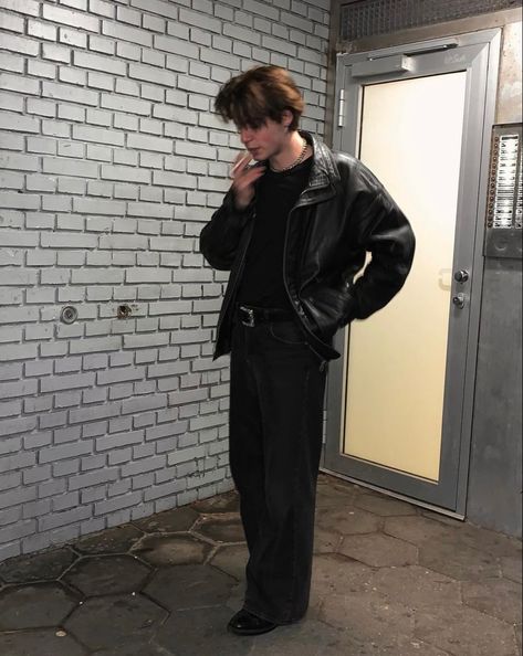 Edgy Male Aesthetic, Biker Outfit Men Aesthetic, Men Spy Outfit, 80s Rocker Outfit Men, Noir Fashion Men, Cropped Jacket Men Outfit, Men Black Leather Jacket Outfit, Neo Noir Outfit, Lana Del Rey Aesthetic Outfits Male