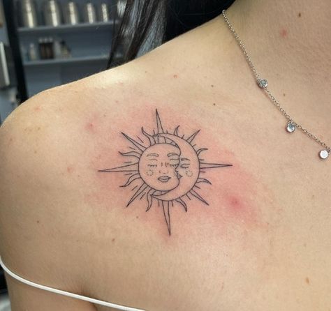 Two Shoulder Tattoos, Good Shoulder Tattoos, Tiny Front Shoulder Tattoo, Collar Bone Tattoo Sun And Moon, Sun And Moon Neck Tattoo, Sun And Moon Collarbone Tattoo, Sun Collarbone Tattoo, Sun And Moon Tattoo Placement Ideas, Sun And Moon Chest Tattoo Female