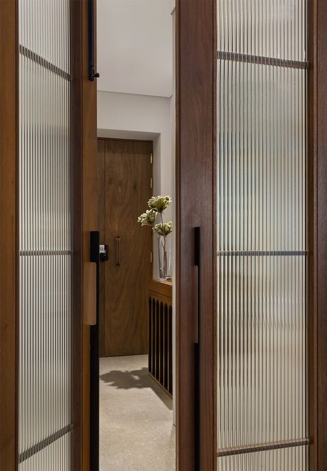 WORLI RESIDENCE II • We Design Studio • Architects & Interior Designers in Mumbai, India Entry Vestibule, Glass Door Designs, Wooden Glass Door, Glass Door Design, Sliding Door Design, Glass Doors Interior, Door Design Modern, Door Design Interior, Main Door Design