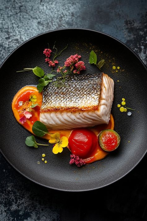 Grilled fish with crispy skin served on a black plate with tomato sauce, garnished with edible flowers and microgreens. Best Fish Dishes, Fine Cuisine Recipes, Fancy Fish Recipes, Healthy Seafood Meals, Fish Dishes Fine Dining, Fish Crudo, Fish Recipe Ideas, Fish Plating, Ways To Cook Fish