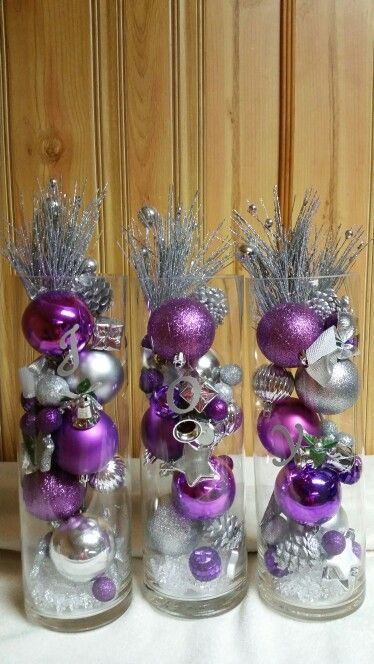 Purple Christmas Centerpieces, Silver And Purple Centerpieces, Purple And Silver Christmas Decorations, Purple Christmas Decor Ideas, Christmas Decor Ideas Purple, Purple And Silver Christmas Tree Ideas, Purple And Gold Christmas Decorations, Purple And Silver Christmas Tree, Purple Silver Christmas