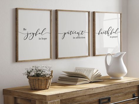 Romans 12:12 Bible Verse Wall Art Set of 3 to suit any Modern Farmhouse Christian Home Decor. This Scripture print is designed exclusively by Divine Digital Prints and features NIV biblical quote of ‘Be joyful in hope, patient in affliction, faithful in prayer.' This would look great in any room but some suggestions would be in your Living Room above your couch or in your Bedroom above your bed to help inspire you daily! Acts 2, Christian Signs, Living Room Redo, Our Father In Heaven, Typography Artwork, Scripture Print, Verse Wall Art, Bible Verse Art, Christian Decor