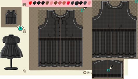 Acnh Clothes Pattern Grid Goth, Animal Crossing Dress Pattern Pixel, Acnh Dress Pixel, Acnh Clothes Pattern Grid, Acnh Spooky, Acnh Motifs, Acnh Fashion, Acnh Clothes, Animal Crossing Funny