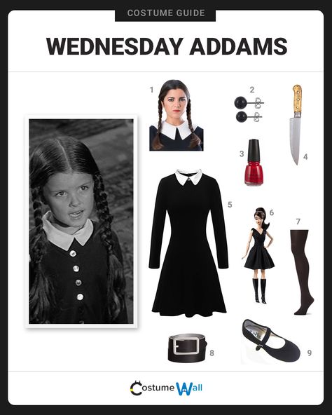 The best cosplay guide for dressing up like Wednesday Addams, the morbid daughter of Gomez and Morticia on The Addams Family TV show. Adams Family Costume, Addams Family Halloween Costumes, Adams Family Halloween, Addams Family Tv Show, Wednesday Costume, Wednesday Addams Costume, Wednesday Dress, Addams Family Costumes, Dress And Accessories