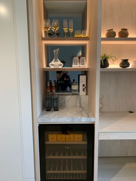 Wine Fridge Nook, Alcohol Corner Home, Minibar Bedroom, Built In Mini Bar, Wine Closet Ideas Small Spaces, Minibar Kitchen, Dining Room Cabinets Built In, Concealed Bar, Dream Closet Room