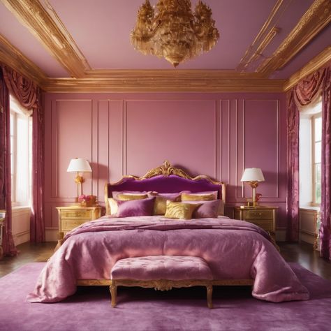 a bedroom with pink walls and gold trim with lilac bed Pink And Lilac Bedroom, Lilac Bedroom Ideas For Women, Purple Gold Bedroom, Lavender And Gold Bedroom, Light Purple Bedroom, Design Bedroom Aesthetic, Purple And Gold Bedroom, Pink And Gold Bedroom, Lilac Bedroom Ideas