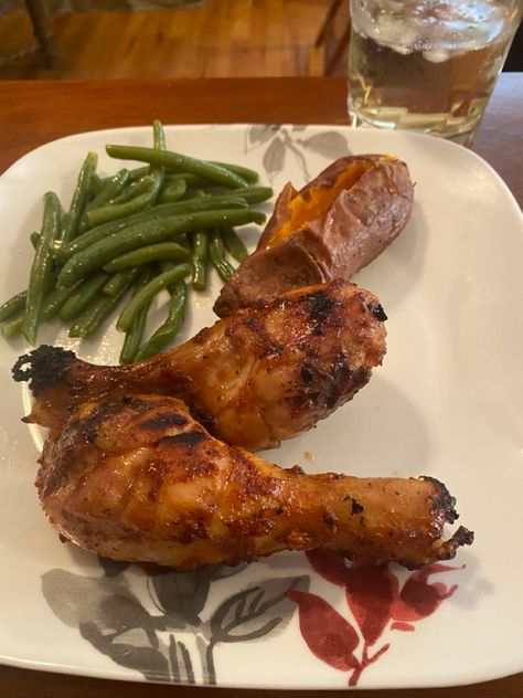 Chicken Drumstick And Sweet Potato, Sweet Potato And Bbq Chicken, Chicken Sweet Potato Green Beans, Bbq Chicken Sweet Potato Sheet Pan, Chicken Sweet Potato Green Bean Sheet Pan, Grilled Chicken Drumsticks, Athlete Nutrition, Healthy Plate, Grilled Bbq Chicken