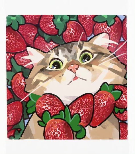 Strawberry Drawing, Kawaii Cat Drawing, Cottage Core Art, Cat Embroidery Design, Warrior Cats Art, Cute App, Sticker Packs, Cat Posters, Cute Little Drawings