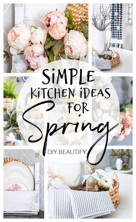 I'm sharing some simple Spring kitchen decorating ideas, including a coffee bar and ideas for decorating that awkward spot behind a corner sink in this Spring kitchen tour. Clean House Smell, Easter Kitchen Decor, Spring Home Decor Ideas, Wall Cubbies, Spring Kitchen Decor, Sink Decor, Above Kitchen Cabinets, Spring Kitchen, Countertop Decor