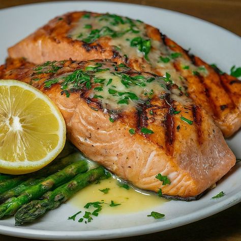 Grilled Salmon Steak Recipe with Lemon Butter - Instacart Salmon Steak Recipes, Easy Grilled Salmon, Recipe With Lemon, Salmon Steak, Lemon Butter Sauce, Steak Recipe, Cooking Salmon, Lemon Butter, Grilled Salmon