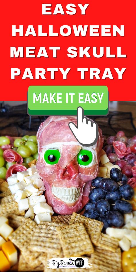 Easy Meat Skull Party Tray - a Halloween charcuterie board with a scary skull covered in prosciutto, surrounded by grapes, cheese and salami is the perfect board for Halloween! via @bigbearswife Skull Cheeseball Recipe, Skull Cheeseball, Halloween Buffet Food, Charcuterie Picnic, Halloween Charcuterie Board, Meat And Cheese Tray, Halloween Charcuterie, Meat Trays, Party Tray