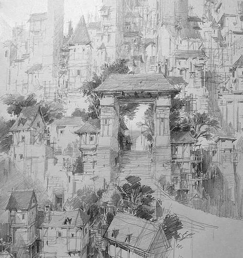 Fantasy Cities by PaperBlue Castle Sketch, Fantasy Cities, Cityscape Drawing, Perspective Drawing Architecture, Landscape Sketch, City Drawing, Perspective Art, Architecture Drawing Art, Architectural Sketch